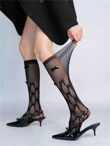 女士黑色蝴蝶结渔网过膝长袜 - 弹力透明蕾丝网袜，适合Y2K美学日常及派对穿着 - 彩色 - 查看 4
