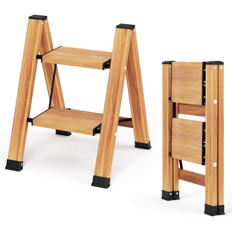 KULACO - Échelle pliante en aluminium à 2 marches, échelle antidérapante pour usage domestique, échelle multifonctionnelle noire portable, échelle pliante robuste jusqu'à 150 kg pour cuisine, salle de bain, jardin et - Échelle à 2 marches avec aspect bois - Voir 1