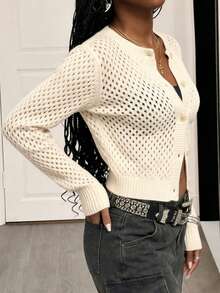 Women's Vacation Hollow Out Button Crochet Knit Top Cardigan With Round Neck Long Sleeves Drop Shoulder, Lightweight Open Front Loose Fit Casual, Spring Summer Fall - 卡其色 - 查看 10