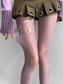 1pc Asymmetric Hollow Fishnet Stockings, Sexy Sheer Black Tights For Women, Vintage American Distressed Gothic Punk Asymmetric Fishnet, Retro Y2K Edgy Goth Streetwear