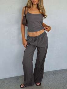 2pcs Women Y2K Minimalist Solid Color Outdoor/Commute Comfortable Camisole Top And Elastic Waist Pants Set, Summer - Dark Gray-brown - View 4