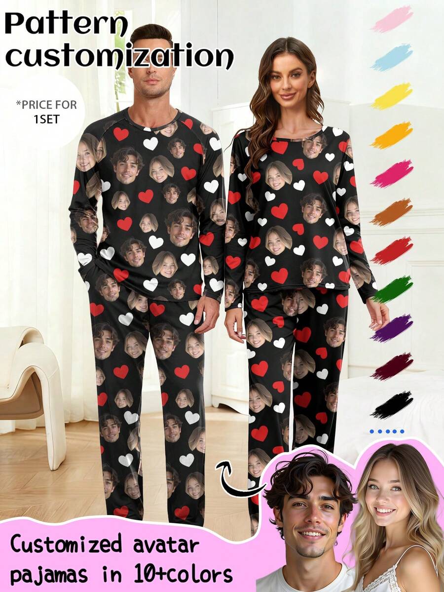 Customized Women's Pajama Set With Unique Big Head Photo Or Couple Face Replacement, Festive Atmosphere,New Year's Eve Outfit