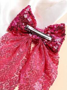 1个女孩闪亮亮片蝴蝶结发夹，可爱返校季亮粉色闪光蝴蝶结发夹金属鳄鱼夹发卡发饰，适合节日派对和日常使用 - 玫紅色 - 查看 4