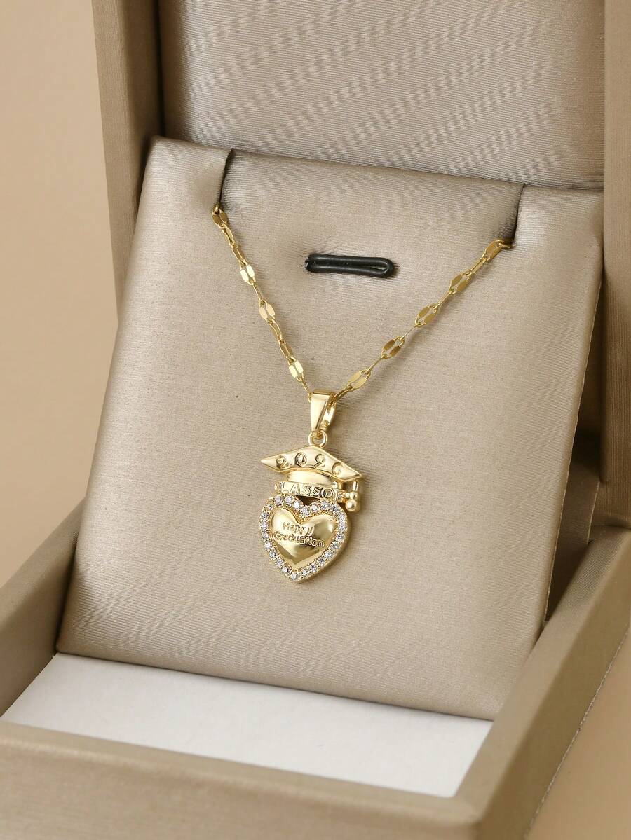 1件装时尚水钻心形毕业帽不锈钢项链，毕业季，2026，金链，金饰，心形吊坠，男女皆宜，适合暑假、海滩、礼物、情人节 - 金黃色 - 查看 1