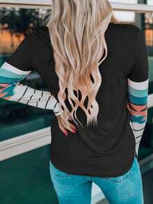 Acelitt 女士圆领长袖休闲几何条纹印花 T 恤