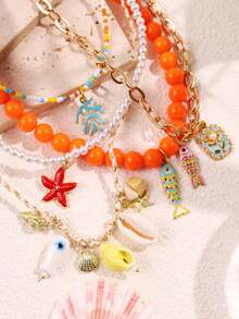 Set de 2 collares bohemios únicos y elegantes, versátiles, con cuentas, conchas, delfines, conchas marinas y elementos oceánicos, collar gargantilla de moda para atuendo de playa de verano - Multicolor - Ver 3