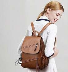 Women's Leather Backpack, Soft Anti-Theft Backpack, Fashion Casual Bag, Shoulder Bag, Handbag - 棕色 - 查看 2