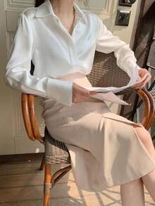 Women's Fashion French Style Long Sleeve Collared Shirt, Solid Color Woven Fabric Front Button Closure, Elegant For Office, Daily Wear, Dates, Spring/Summer/Autumn - White - View 7