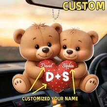 1pc Customized Name Text Acrylic Car Pendant, Personalized Couple Bear Holding Heart Shaped Design, Ideal Valentine's Day Gift For Him/Her, Also Suitable As Anniversary Present - Multicolor - View 2