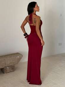 Đầm dự tiệc màu trơn, chất liệu vải dệt kim thanh lịch và gợi cảm, thiết kế hở lưng, xẻ tà cao đến đùi, thích hợp cho các buổi tiệc trang trọng, tiệc sinh nhật, tiệc độc thân, tiệc tựu trường, mùa xuân/hè. - Màu Đỏ Sâu - Xem 3