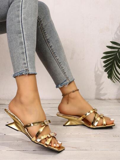 Sandalias de cuña con tiras cruzadas y hebilla, con adornos de cristales, para mujer, de verano