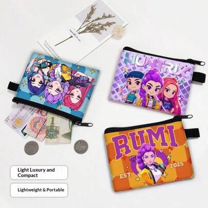 1pc HUNTRX/K-POP Chibi Print Coin Purse, Lightweight & Portable, PU Material, Zipper Closure, Coin/Card Storage, Student Daily/Fan Merchandise Accessory