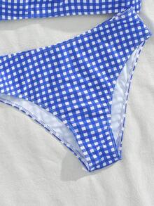 夏季格子休闲性感可爱优雅荷叶边领抹胸比基尼两件式泳衣，海滩度假 - 藍白色 - 查看 10
