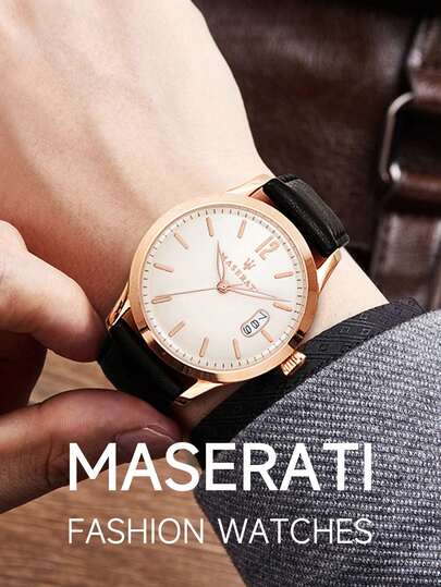 Maserati TRADIZIONE 40mm Quartz Man Watch PVD Rose Gold Case Ivory Dial 3 Hands Date Display With Black Leather Strap
