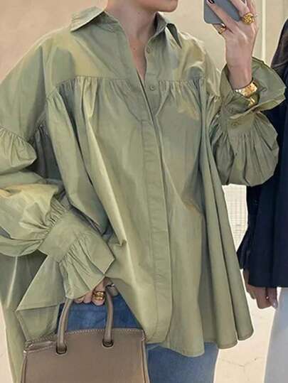Look Polly Women's Spring Summer Casual Minimalist Oversized Collared Half Button Ruffle Detail Puff Sleeve Blouse Sage Green Vacation Outfit
