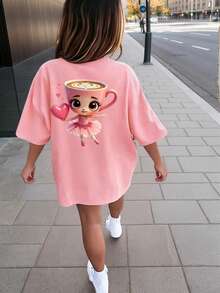 少女卡通印花圆领落肩休闲宽松T恤 - 粉色 - 查看 1