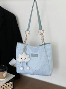 1 chiếc túi đeo vai cỡ lớn bằng polyester họa tiết mây và sao, có khóa kéo, thời trang cho nữ sử dụng hàng ngày. - Màu xanh nhạt - Xem 6