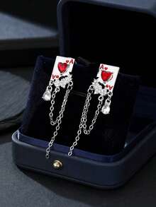 一对朋克风扑克主题耳环，红桃A流苏吊坠耳钉，镶嵌氧化锆，时尚女士珠宝，优雅日常及派对配饰 - 耳環 - 查看 6