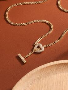 rakol Minimalist Luxury Women's Pendant Necklace, Hollow Heart Pendant With Full Diamond Inlay On Cuban Chain, Silver Cold Tone Or Warm Golden Tone, Suitable For Women's Daily, Date Or Light Party Occasions - Necklace - View 8