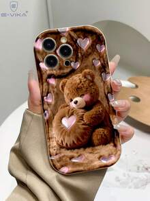 1 pieza Funda de teléfono gruesa y a prueba de golpes con estampado de oso de peluche de San Valentín 2D no 3D sosteniendo un corazón, compatible con Apple & Series - Multicolor - Ver 2