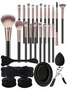 27件套化妆工具套装，包括：20支化妆刷套装+1个化妆海绵+1个化妆刷清洁工具+1个睫毛夹+1个发圈+2个手碗带+1个面膜刷 - 黑色 - 查看 3