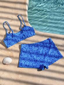 女士比基尼泳装，可爱印花蓝色沙滩套装泳装，运动短裤，露脐吊带背心，无肩带吊带背心，时尚套装/外出装/生日装/休闲装/Y2K/2000年代/千禧年装/优雅装/老钱风/街头风/度假装/音乐节沙滩装 夏季 - 藍色 - 查看 10