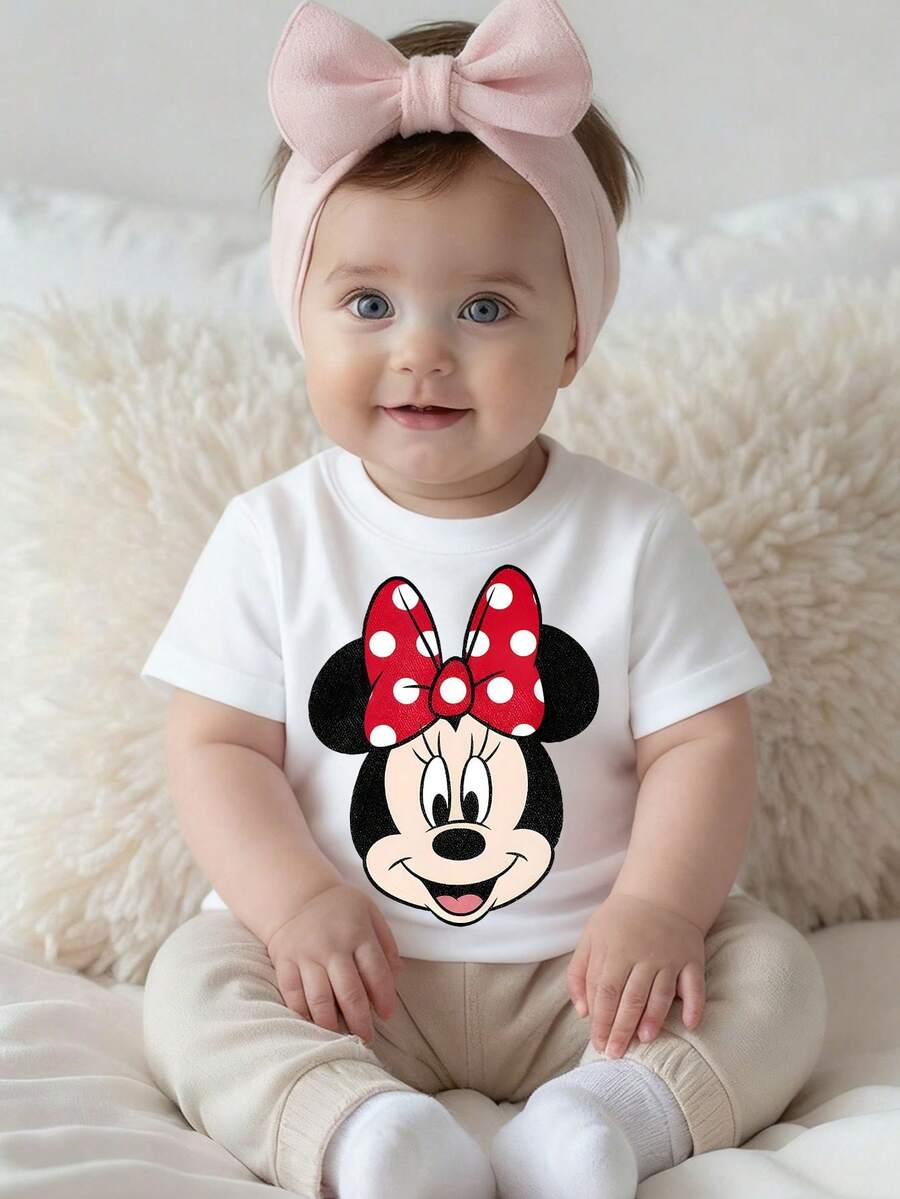 Disney White Background Minnie Mouse Red Polka Dot Bow Print Baby Short Sleeve T-Shirt - Sweet And Cute Casual Top - 白色 - 查看 1