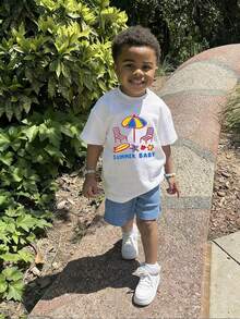 1件婴儿/幼儿男童创意卡通图案字母标语印花基本款圆领短袖T恤，休闲时尚 - 白色 - 查看 1