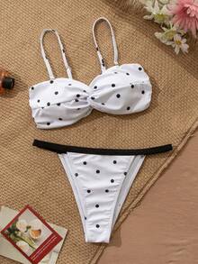 扭纹前部波尔卡圆点优雅露背度假沙滩裙 - 黑與白 - 查看 4