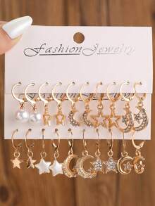 10件套女孩星星、月亮、五角星珍珠耳环首饰套装，适合日常装饰 - 金色 - 查看 5