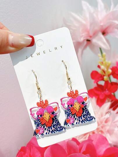 1 Pair Cute Acrylic Earrings, Funny Glasses-Wearing Heart-Shaped Chicken Head Design, Women Earrings Gift