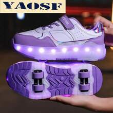 YAOSF 儿童/青少年轮滑鞋 - 升级版，稳定性更强，可拆卸二合一运动鞋，街头酷炫轮滑鞋，户外运动夜光鞋，亲子鞋，新款直排轮滑鞋，夜间发光鞋，USB充电轮滑鞋，LED发光轮滑鞋，带夜光鞋底的运动鞋，男女童/学生户外运动轮滑鞋，高端儿童节日礼物