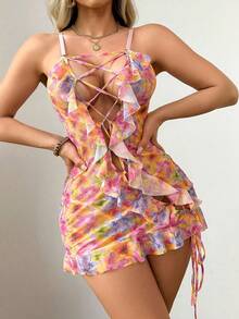 Women'S Sexy Dress Set/Atmospheric Multi-Color Skirt/Lightweight Mesh Fabric/Middle Tie Adjustable/Ruffle Design (Dress+Underwear) - Mixed Color - 查看 4