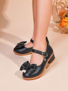 女童时尚黑色蝴蝶结珍珠装饰粗跟礼服鞋，优雅大方，适合婚礼、派对、节日等场合，适合幼儿、小女孩和大女孩。 - 黑色 - 查看 5