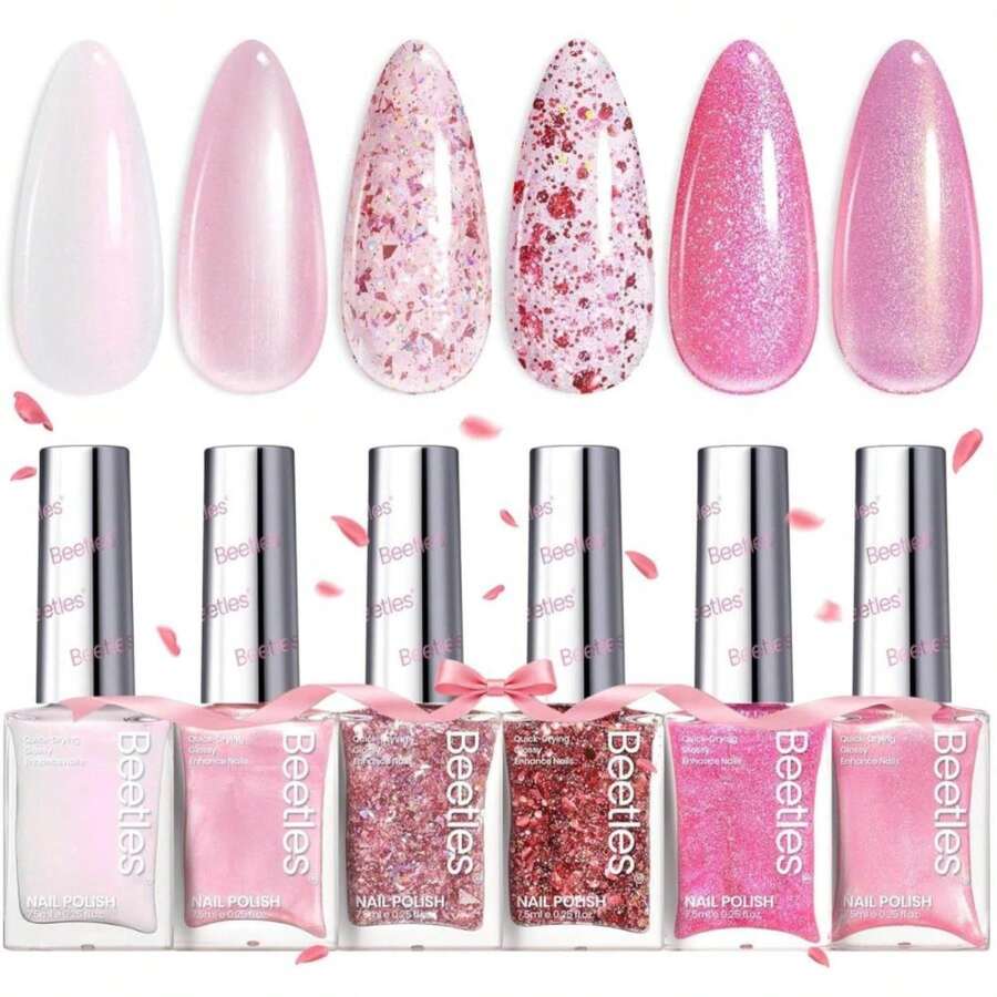 Beetles Glitter Nail Polish Set, 6 Colors Pink Nail Polish Kit Shimmer Gold Nude Jelly Pink Reverie Quick Dry Fingernail Polish Gifts For Women Salon DIY Manicure Kit - MàuP - Xem 1