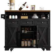 Modern Kitchen Island (118 * 43 * 98 Cm) With Dining Unit And Wood-Effect Serving Cart On Casters, Offering Multifunctional Storage Space, Removable Dividers And A Towel Rack, White. - Black - View 8