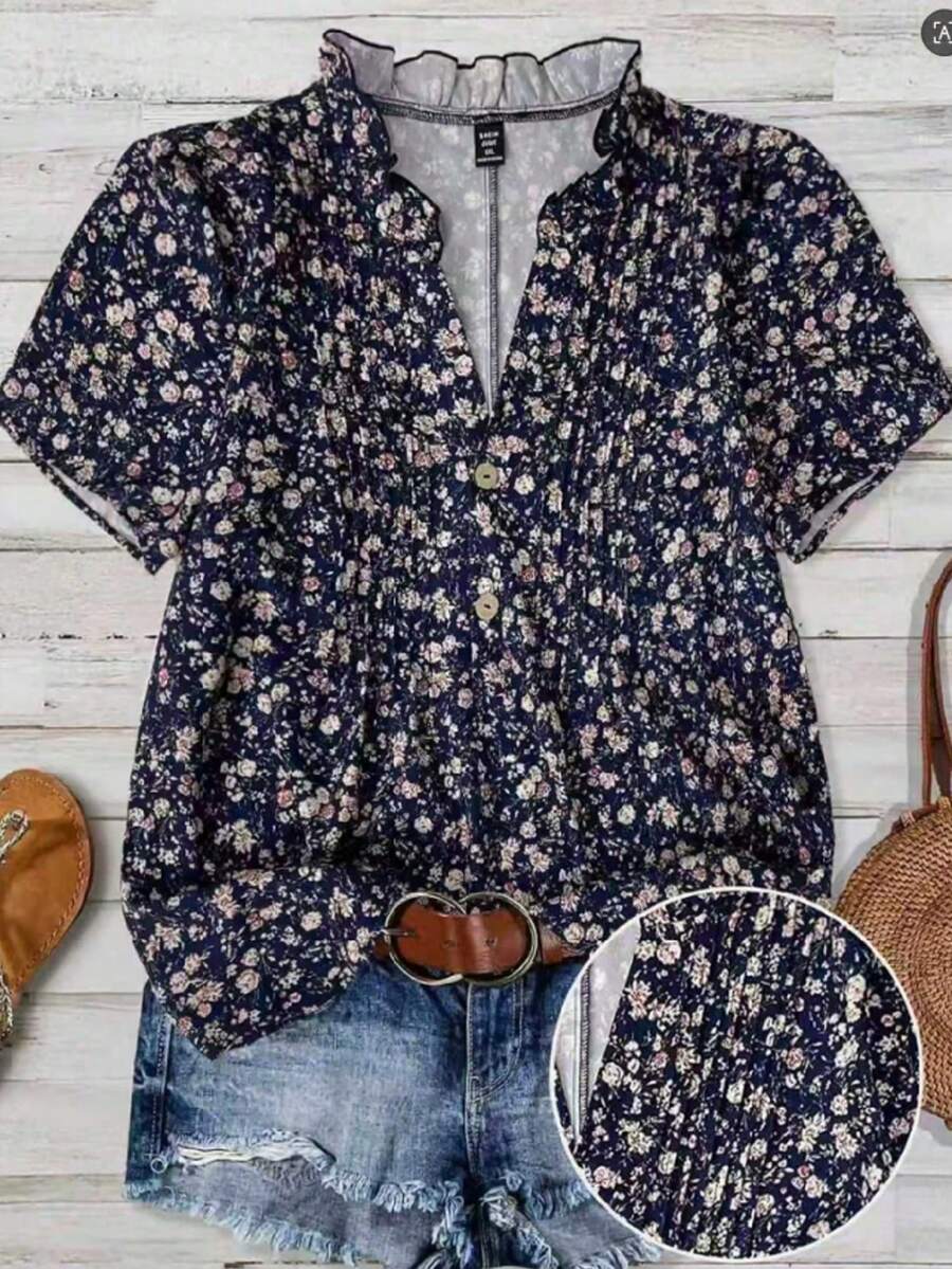 Blusas casuales con decoración plisada, tela tejida con estampado floral de margaritas y ribete de volantes - Azul Marino - Ver 1