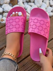 女士时尚拖鞋，纯色字母印花，橡胶鞋底，柔软轻便，室内家居拖鞋，舒适休闲户外凉鞋，适合海滩、派对、散步等场合。 - 玫紅色 - 查看 7