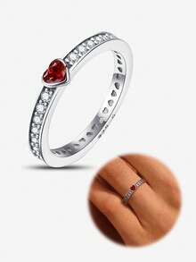 1pc S925 Silver Heart Gemstone Ring, Casual & Cute, Suitable For Daily Wear, Parties, Valentine's Day Gift - Silver - View 1