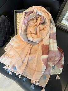 2026新款女士轻薄长围巾，金色丝线镶嵌，抽象艺术印花，流苏装饰，遮阳披肩，可作头巾和面纱使用，四季皆宜的配饰 - 粉色 - 查看 2