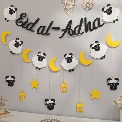 Eid Al Adha Schwarz & Weiß Schaf, Mond, Stern, Buchstaben Thema Ziehfahne Banner Party Dekoration Filz Schaf Hänge-Set