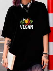 Yes, I'm Still Vegan, I Love Vegetables. Veggie Squad T-Shirt, Women's Outdoor Workout T-Shirt, Graphic Tees, Crop Tops, Sets, Tops, T-Shirt. BW1N - 黑色 - 查看 1