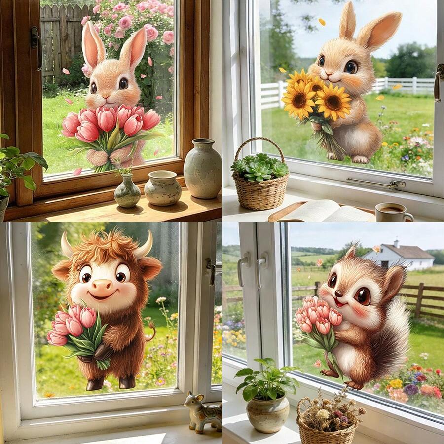 1/4 Set Spring Animal Window Stickers Cute Rabbit, Highland Cow, Squirrel With Tulip & Sunflower Static Cling Glass Decals, Living Room Decor