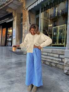 女士优雅法式浪漫休闲宽松针织开衫毛衣，简约设计，适合秋冬季穿着 - 卡其色 - 查看 4