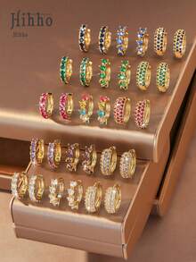 Hihho 6件套全新闪亮蓝宝石心形耳环，颜色包括蓝色、绿色、红色、紫色和白色，简约风格，适合日常佩戴、节日和情人节礼物。 - 耳圈套裝 - 查看 2