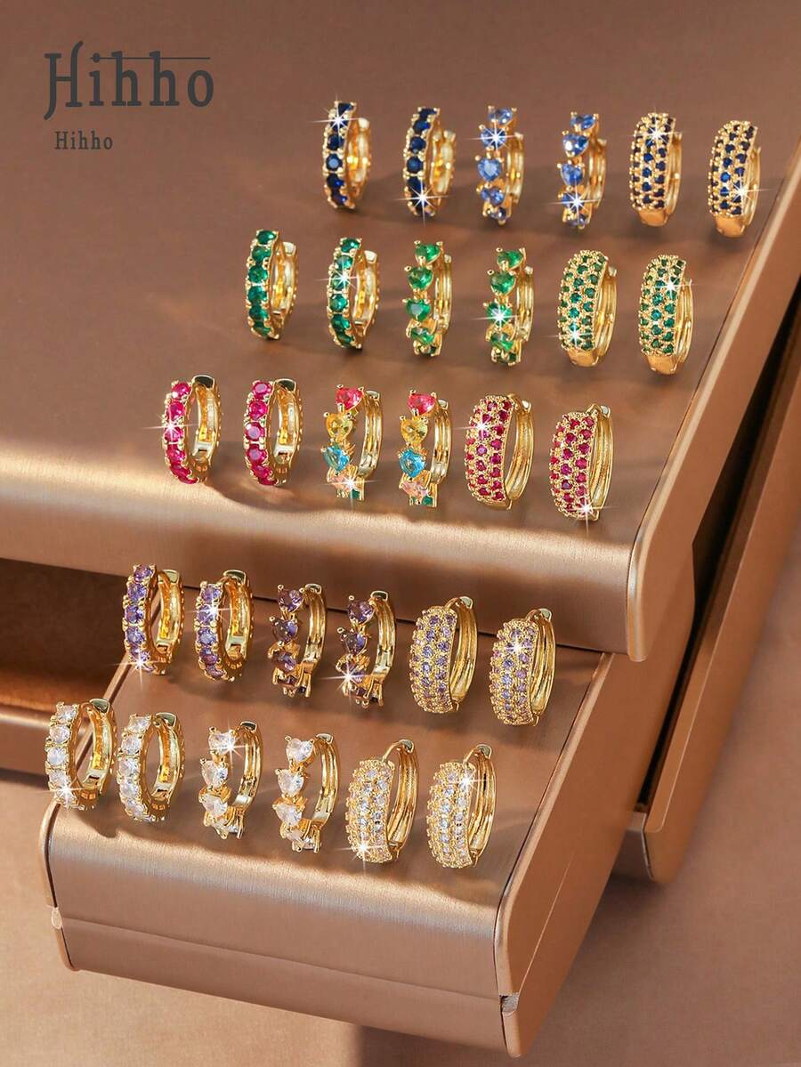 Hihho 6件套全新闪亮蓝宝石心形耳环，颜色包括蓝色、绿色、红色、紫色和白色，简约风格，适合日常佩戴、节日和情人节礼物。