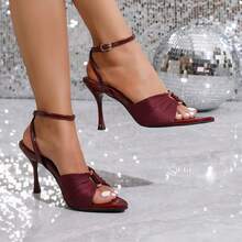 Women's Lycra Metallic Buckle Pleated Stiletto High Heel Sandals, Burgundy - Burgundy - View 1