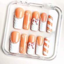 NailLuxe 10 PCS Handmade Square Press-On Nails | Orange-White Pearl Ruffle Sweet Style With Orange & White Bases, Pearl & 3D Ruffle Embellishments - 白色 - 查看 1