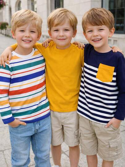 3pcs Kids Long Sleeve T-Shirts, Colorful Striped, Solid Color, And Color Block Designs, Fashion Digital Prints