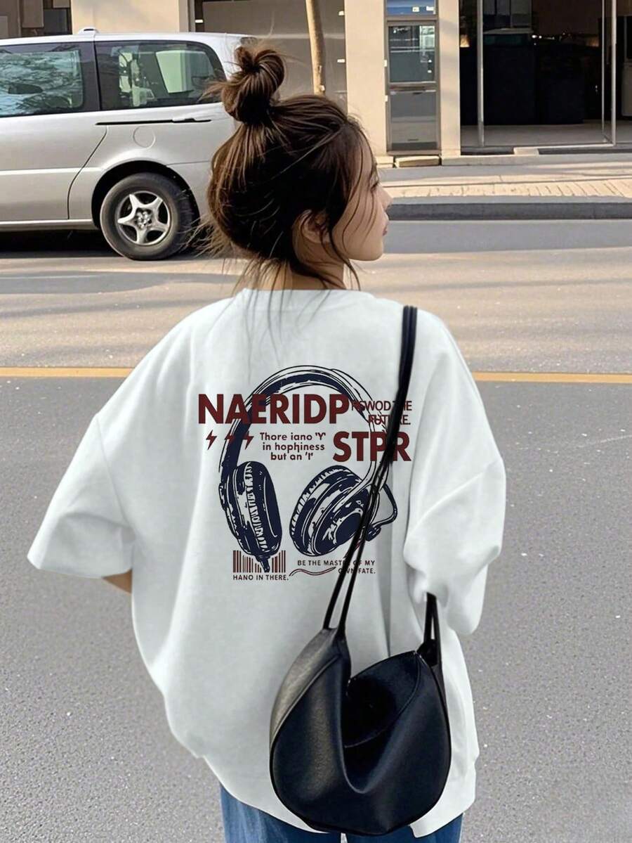 Japanese Style Women's Loose Round Neck Simple Versatile Letter Line Cartoon Print Short Sleeve T-Shirt, Spring/Summer - White - View 1